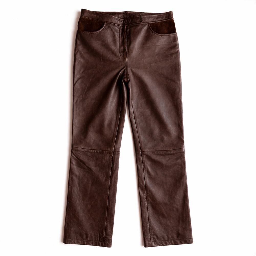 DKNY Chocolate Leather Straight-Leg Pants with Suede Trim — 90s Minimal Luxe EUC